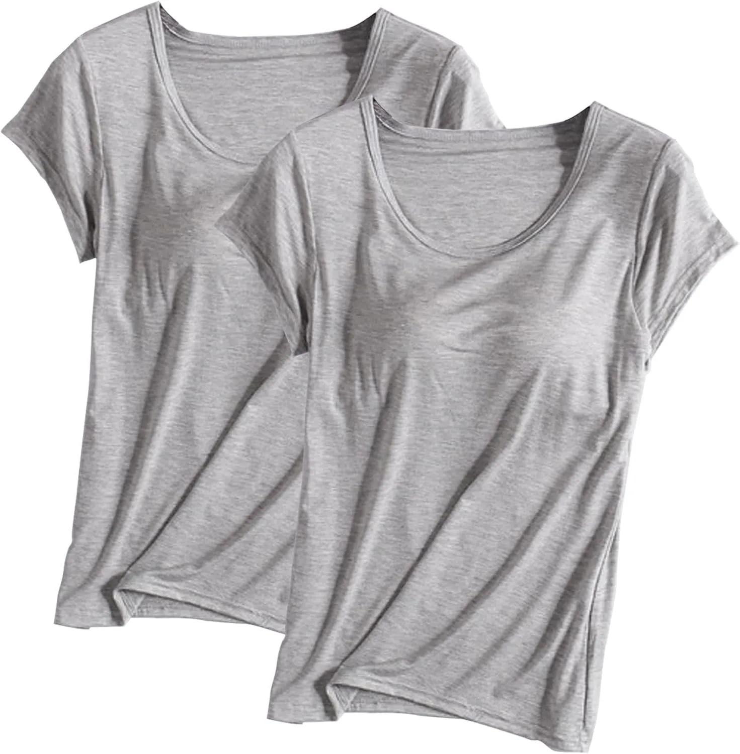 2 Pack T Shirt with Built-in Bra Women Cotton Workout Tops Padded Bras Plus Size Short Sleeve Yoga Shirts Undershirts