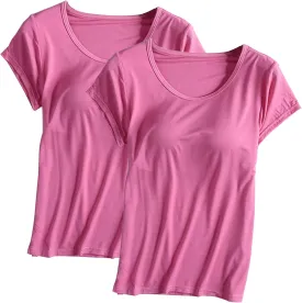 2 Pack T Shirt with Built-in Bra Women Cotton Workout Tops Padded Bras Plus Size Short Sleeve Yoga Shirts Undershirts