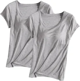 2 Pack T Shirt with Built-in Bra Women Cotton Workout Tops Padded Bras Plus Size Short Sleeve Yoga Shirts Undershirts