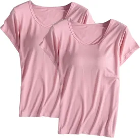 2 Pack T Shirt with Built-in Bra Women Cotton Workout Tops Padded Bras Plus Size Short Sleeve Yoga Shirts Undershirts