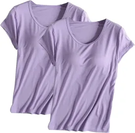 2 Pack T Shirt with Built-in Bra Women Cotton Workout Tops Padded Bras Plus Size Short Sleeve Yoga Shirts Undershirts