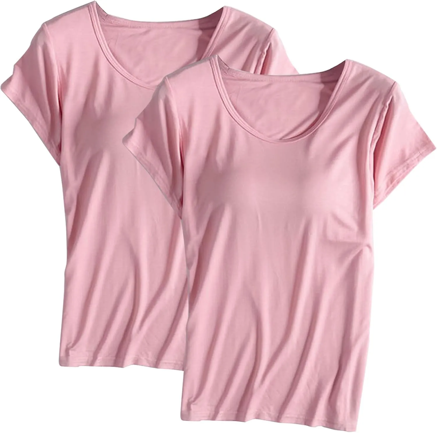 2 Pack T Shirt with Built-in Bra Women Cotton Workout Tops Padded Bras Plus Size Short Sleeve Yoga Shirts Undershirts