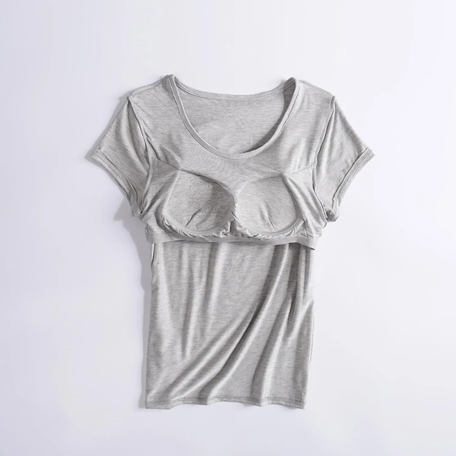 2 Pack T Shirt with Built-in Bra Women Cotton Workout Tops Padded Bras Plus Size Short Sleeve Yoga Shirts Undershirts