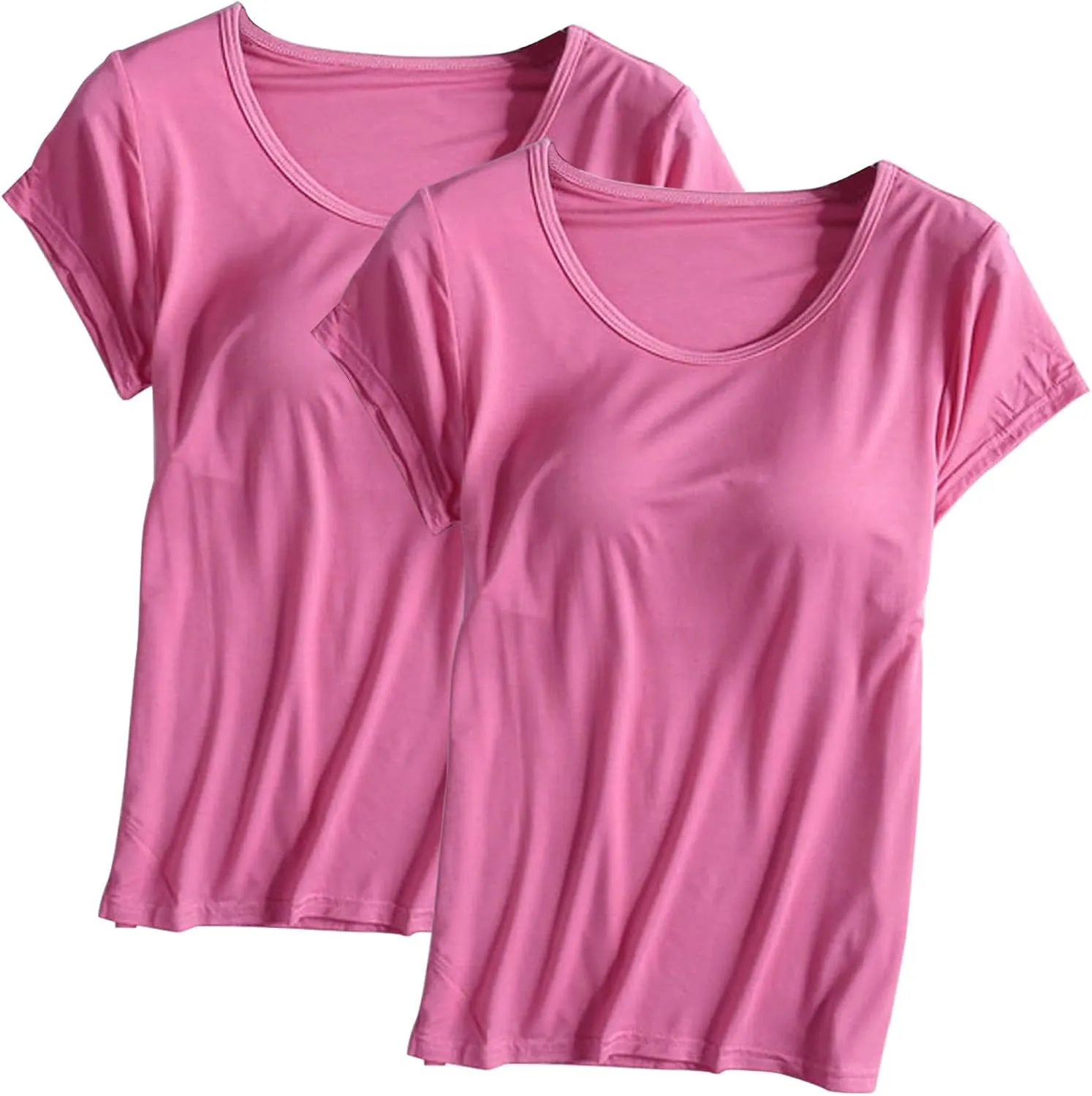 2 Pack T Shirt with Built-in Bra Women Cotton Workout Tops Padded Bras Plus Size Short Sleeve Yoga Shirts Undershirts