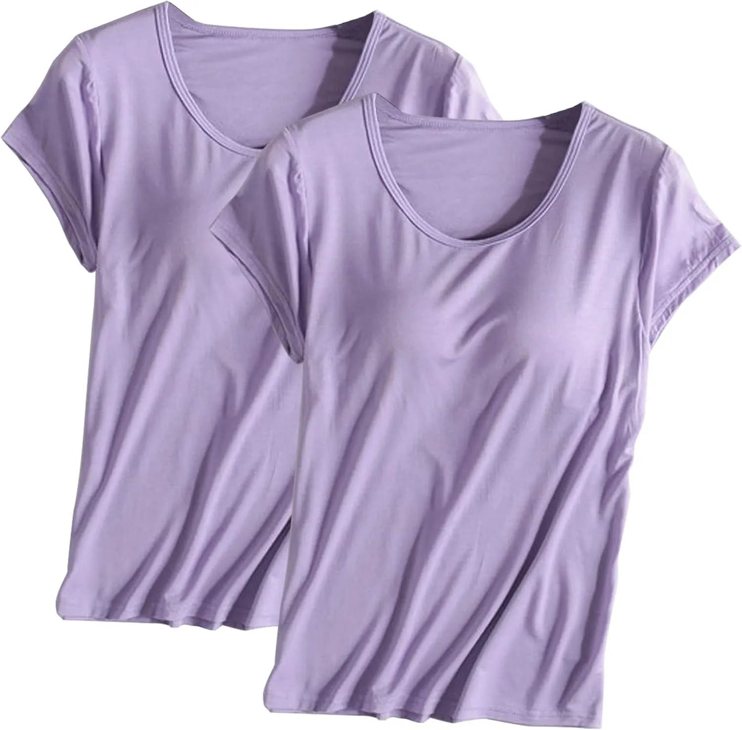 2 Pack T Shirt with Built-in Bra Women Cotton Workout Tops Padded Bras Plus Size Short Sleeve Yoga Shirts Undershirts