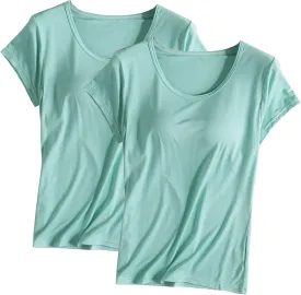 2 Pack T Shirt with Built-in Bra Women Cotton Workout Tops Padded Bras Plus Size Short Sleeve Yoga Shirts Undershirts