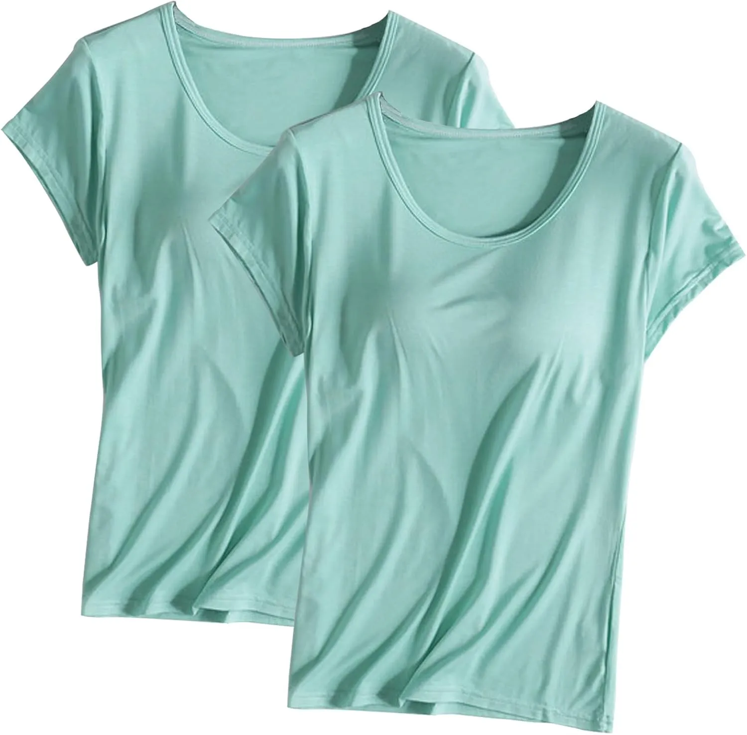 2 Pack T Shirt with Built-in Bra Women Cotton Workout Tops Padded Bras Plus Size Short Sleeve Yoga Shirts Undershirts