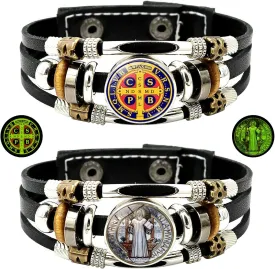 2Pcs Men's San Benito Bracelet Glow in The Dark Saint Benedict Cross Bracelet Multilayer Leather Braided Snap Buttons for Father Husband Couples Jewelry