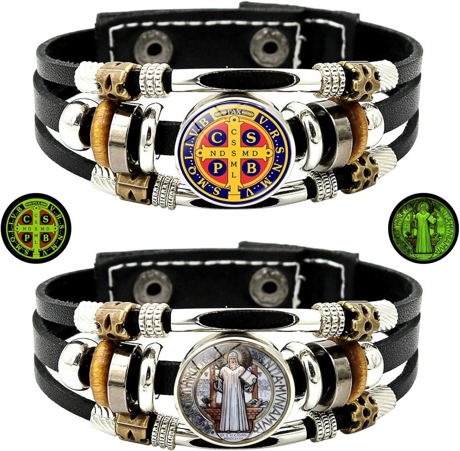 2Pcs Men's San Benito Bracelet Glow in The Dark Saint Benedict Cross Bracelet Multilayer Leather Braided Snap Buttons for Father Husband Couples Jewelry