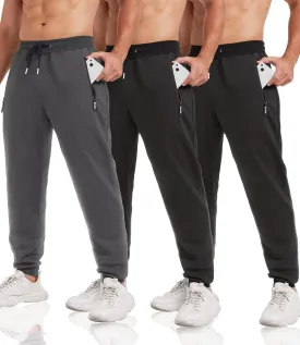 3 Pack Sweatpants for Men Tapered Mens Joggers Pants with Zip Pockets Fleece Slim Fit Workout Running Gym Sweat Pants
