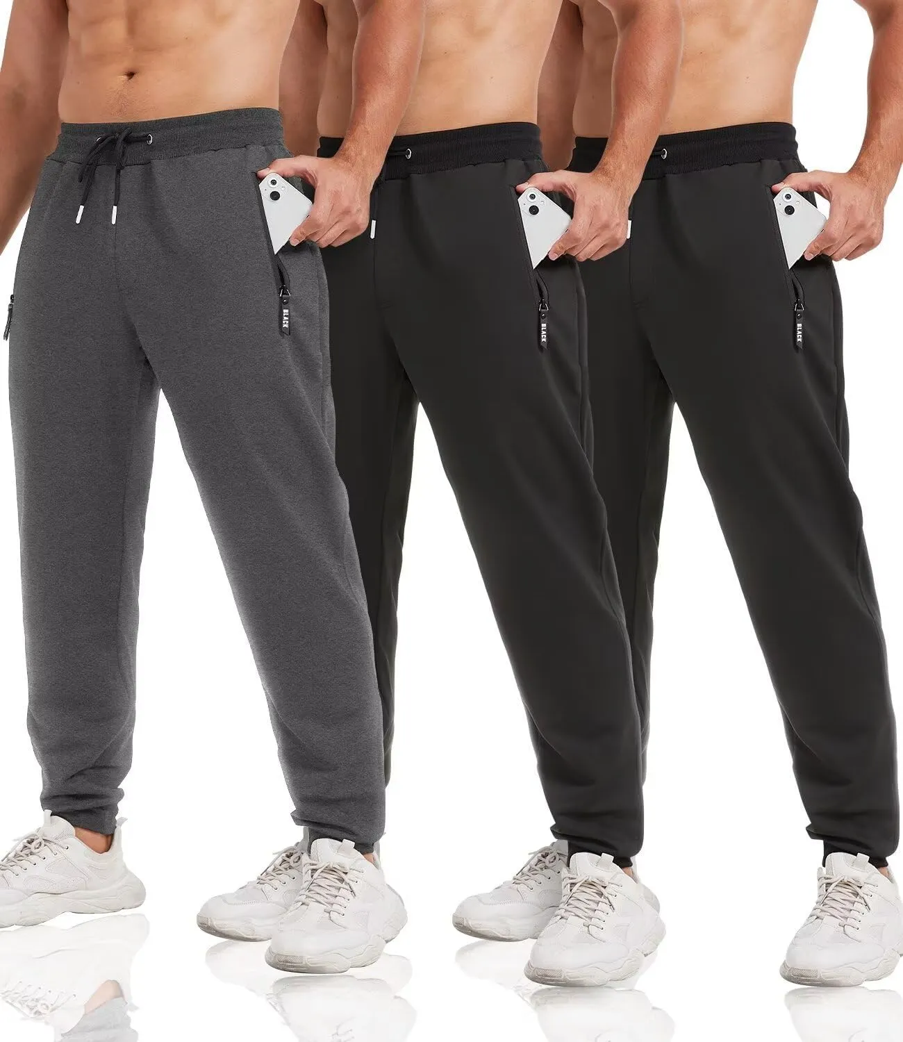 3 Pack Sweatpants for Men Tapered Mens Joggers Pants with Zip Pockets Fleece Slim Fit Workout Running Gym Sweat Pants