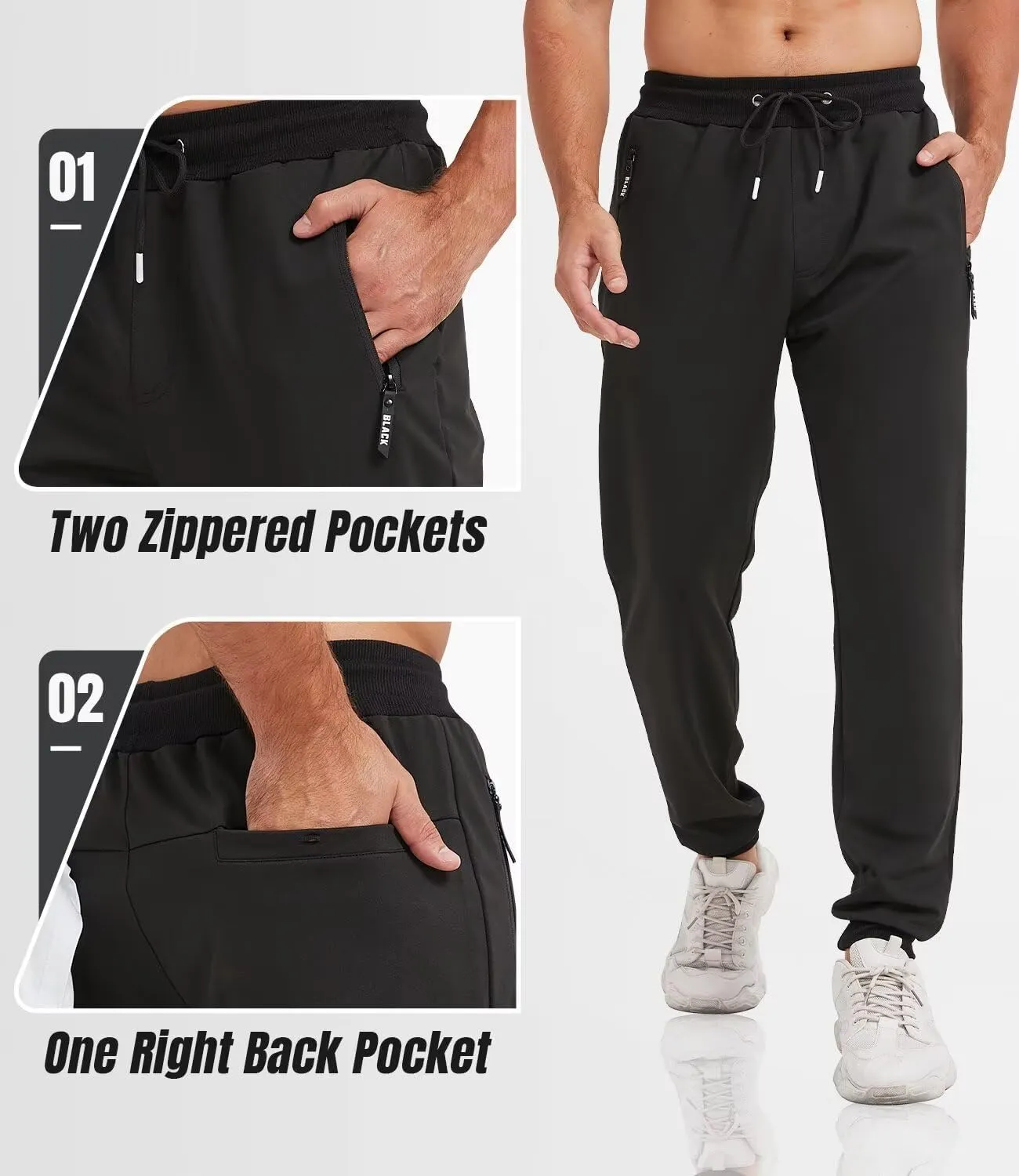 3 Pack Sweatpants for Men Tapered Mens Joggers Pants with Zip Pockets Fleece Slim Fit Workout Running Gym Sweat Pants