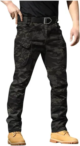 ADHOWBEW Men Cargo Pants Pockets Relaxed Fit Elastic Waist Work Construction Stretch Joggers
