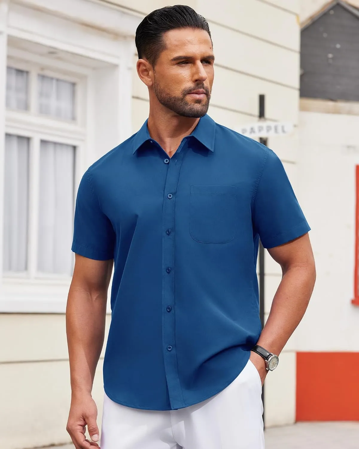 Alimens & Gentle Mens Short Sleeve Dress Shirt Wrinkle Free Solid Casual Button Down Shirts for Summer Business Wedding