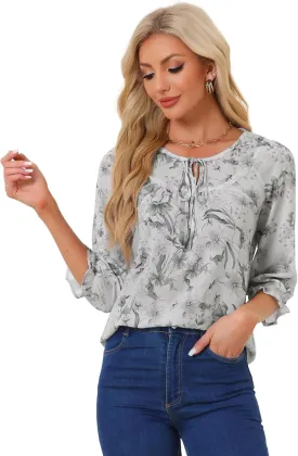 Allegra K Women's Bow Tops Vintage Tie Neck 3/4 Sleeve Floral Blouse