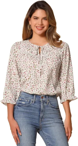 Allegra K Women's Bow Tops Vintage Tie Neck 3/4 Sleeve Floral Blouse