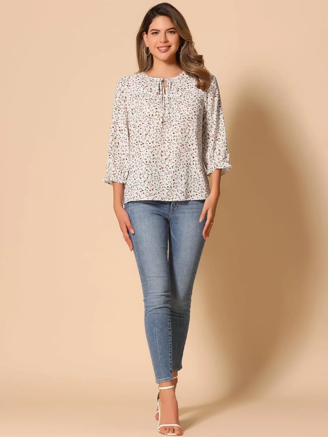 Allegra K Women's Bow Tops Vintage Tie Neck 3/4 Sleeve Floral Blouse