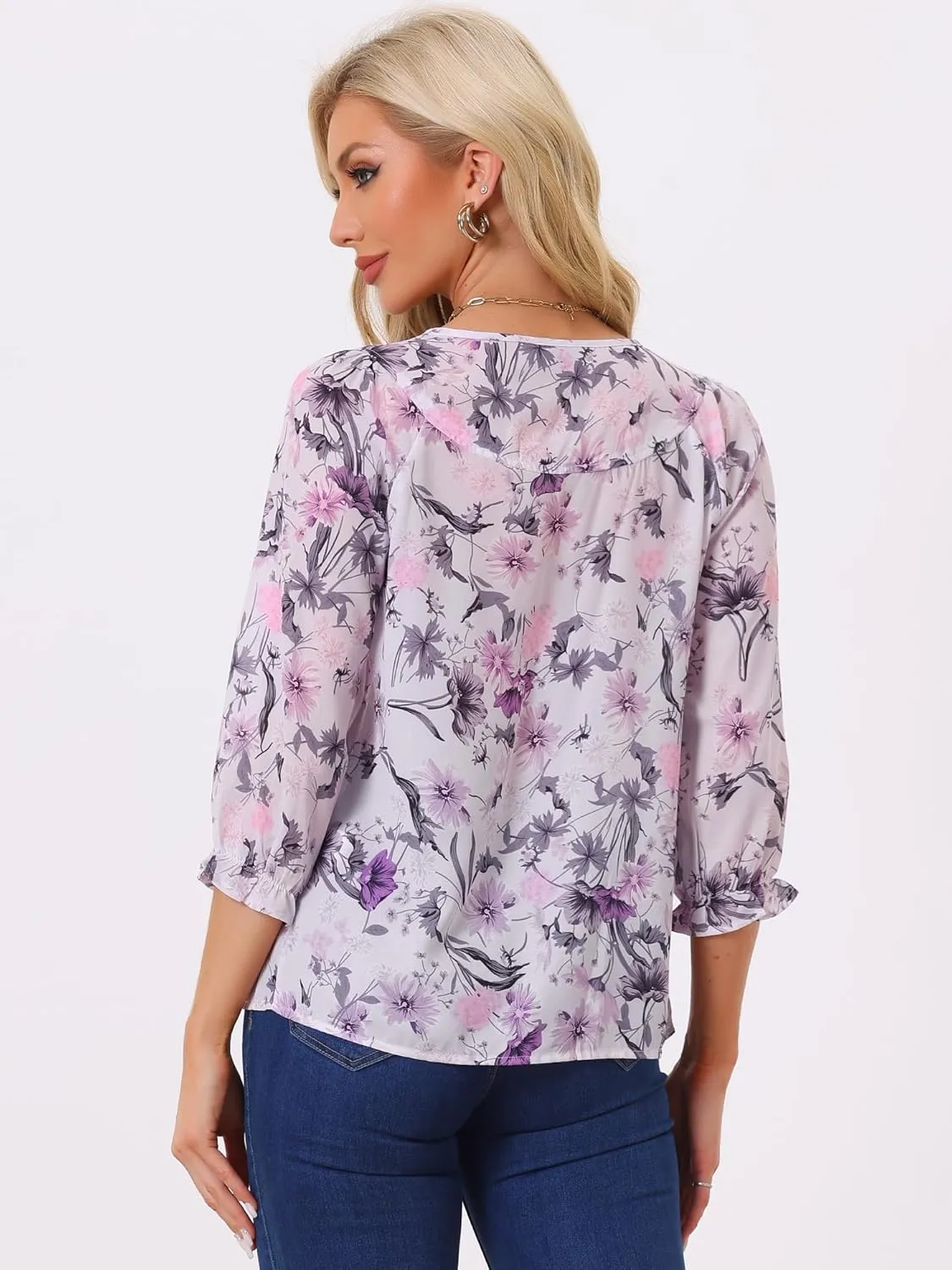 Allegra K Women's Bow Tops Vintage Tie Neck 3/4 Sleeve Floral Blouse