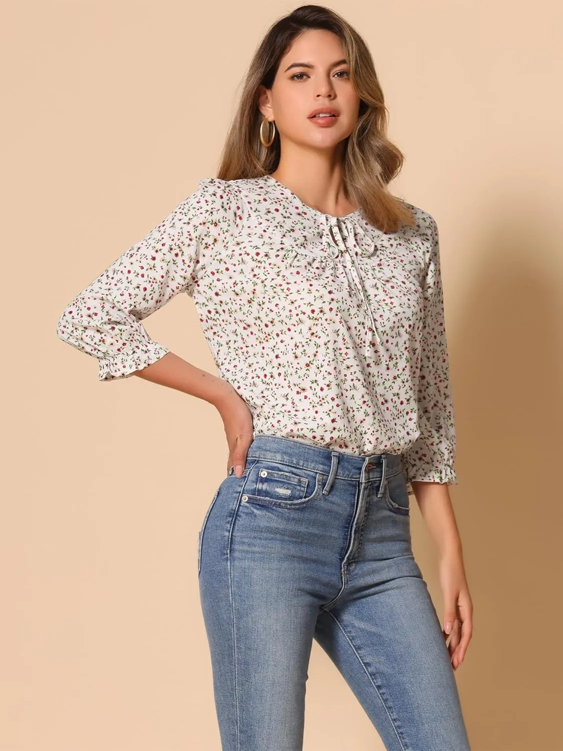 Allegra K Women's Bow Tops Vintage Tie Neck 3/4 Sleeve Floral Blouse
