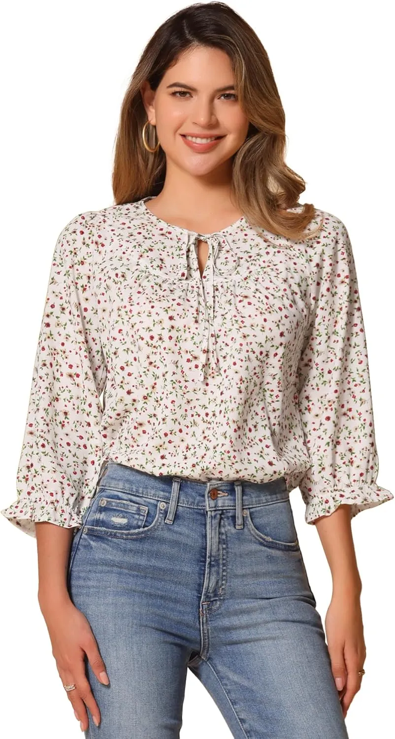 Allegra K Women's Bow Tops Vintage Tie Neck 3/4 Sleeve Floral Blouse