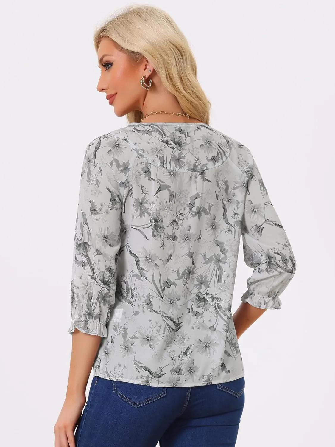 Allegra K Women's Bow Tops Vintage Tie Neck 3/4 Sleeve Floral Blouse