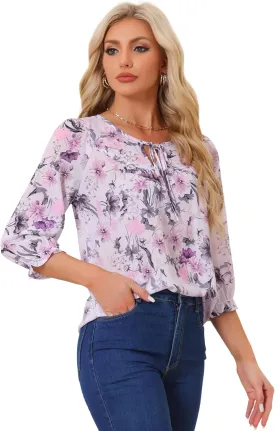 Allegra K Women's Bow Tops Vintage Tie Neck 3/4 Sleeve Floral Blouse