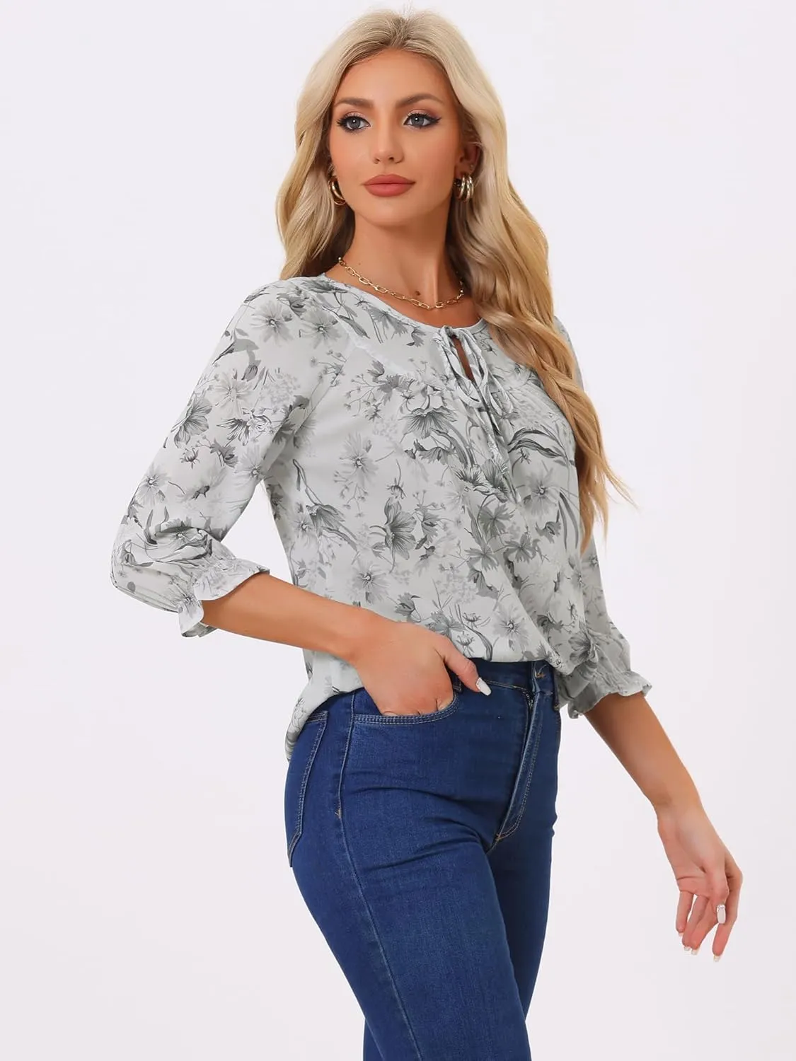 Allegra K Women's Bow Tops Vintage Tie Neck 3/4 Sleeve Floral Blouse
