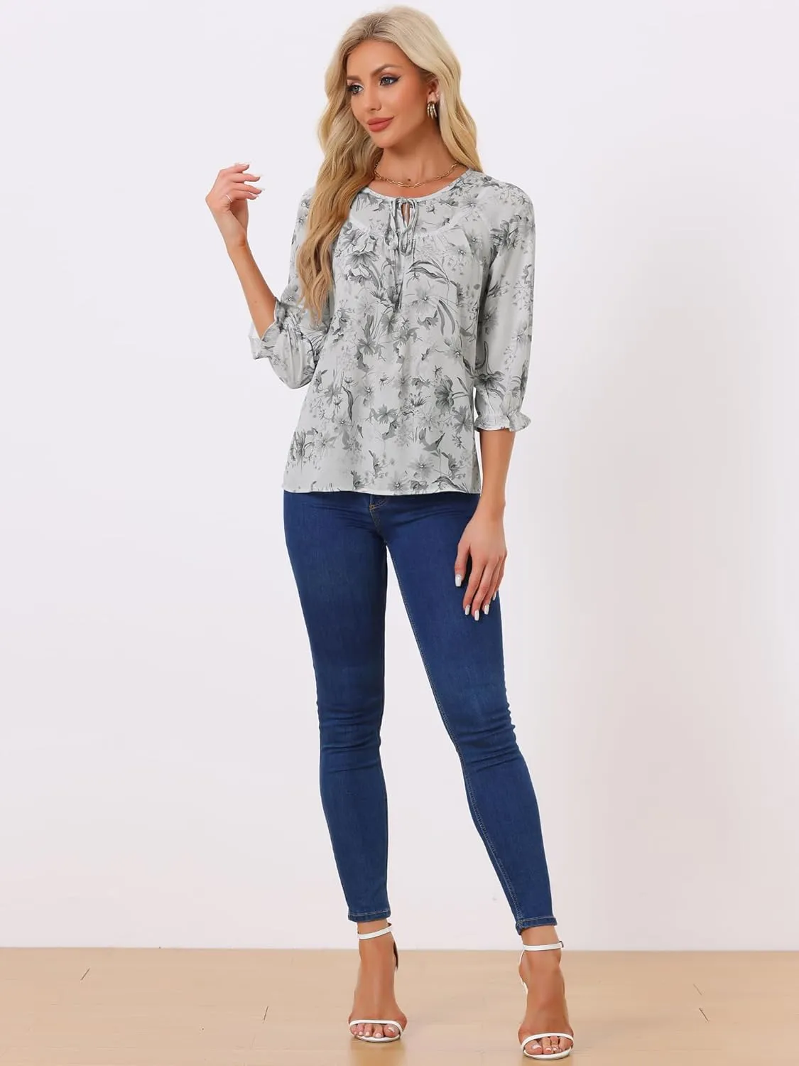 Allegra K Women's Bow Tops Vintage Tie Neck 3/4 Sleeve Floral Blouse