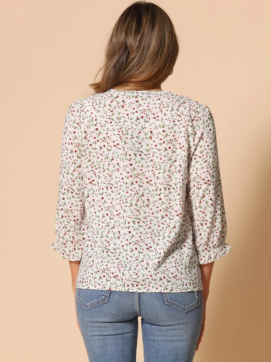 Allegra K Women's Bow Tops Vintage Tie Neck 3/4 Sleeve Floral Blouse