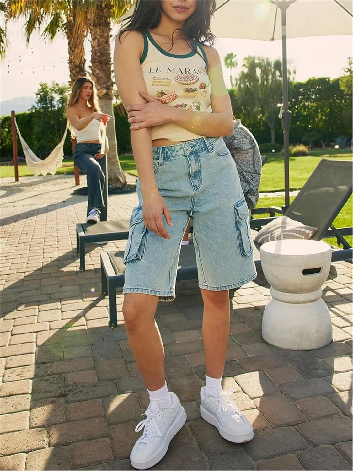 Alyweatry Y2k Loose Denim Bermuda Shorts for Women Low Rise Wide Leg Knee Length Oversized Fit Summer Jeans Shorts