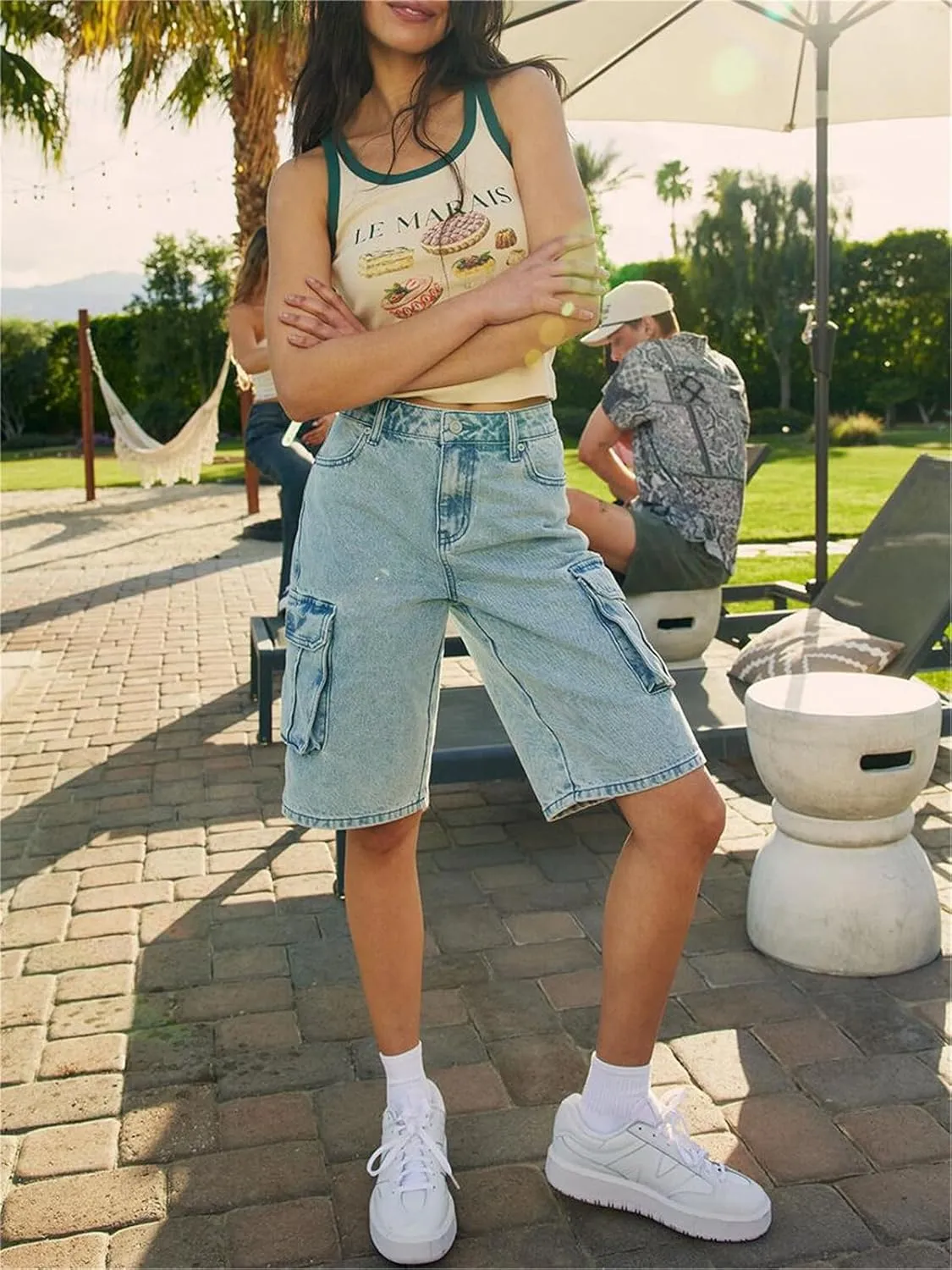 Alyweatry Y2k Loose Denim Bermuda Shorts for Women Low Rise Wide Leg Knee Length Oversized Fit Summer Jeans Shorts