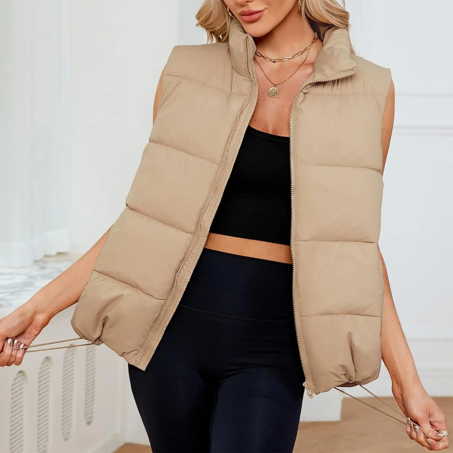 American Trends Womens Puffer Vest Sleeveless Puffy Vests for Women Collar Jacket Zipper Coat with Pockets