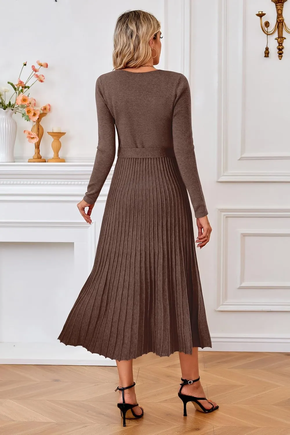 Arach&Cloz 2024 Fall Wool Blended Womens Long Sleeve V Neck Tie Waist Pleated A Line Ribbed Knit Pullover Midi Sweater Dress
