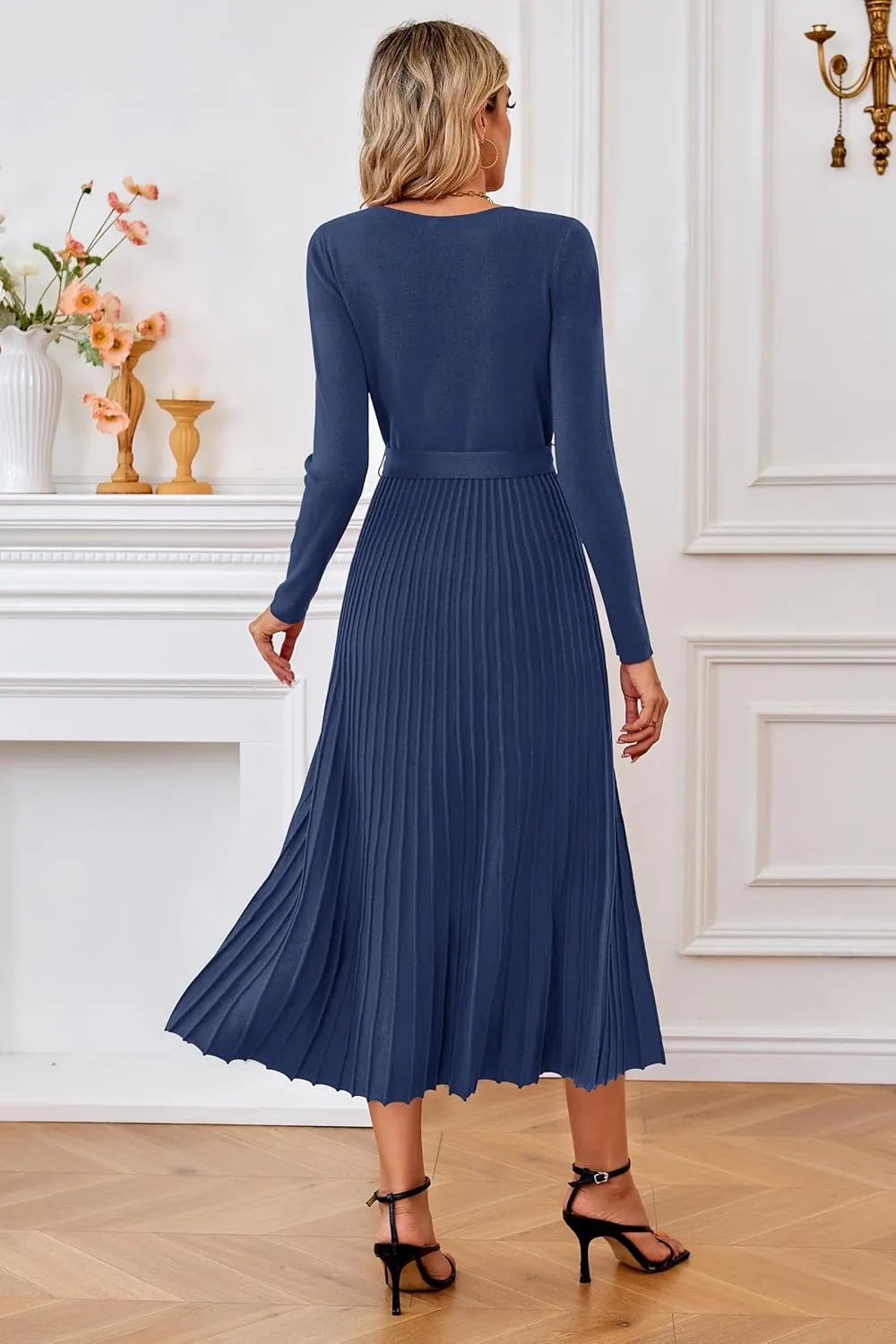 Arach&Cloz 2024 Fall Wool Blended Womens Long Sleeve V Neck Tie Waist Pleated A Line Ribbed Knit Pullover Midi Sweater Dress