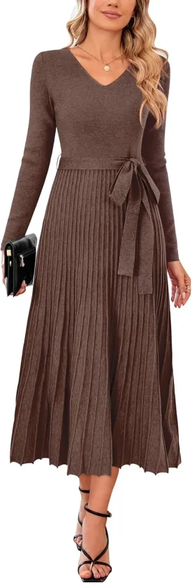 Arach&Cloz 2024 Fall Wool Blended Womens Long Sleeve V Neck Tie Waist Pleated A Line Ribbed Knit Pullover Midi Sweater Dress