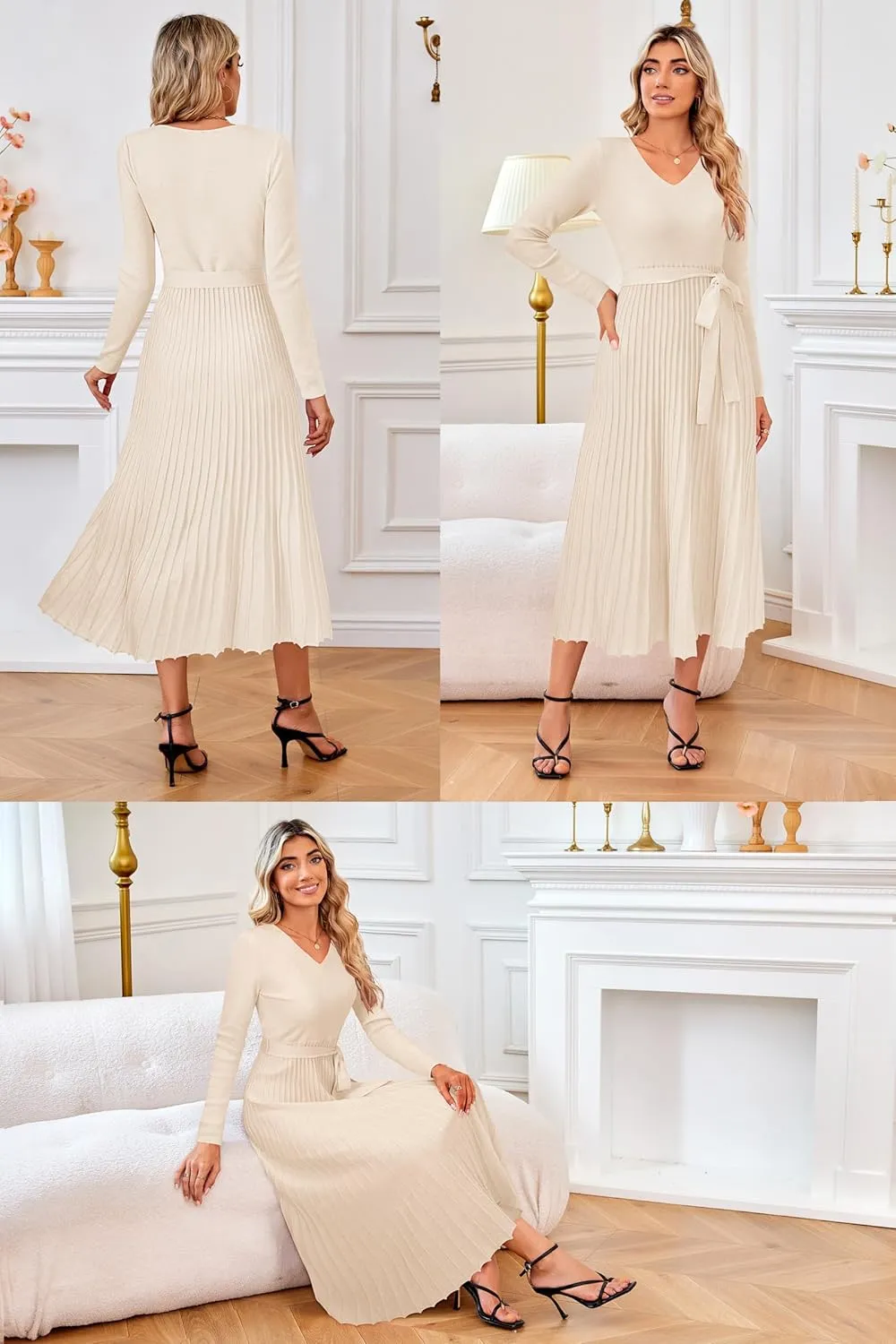 Arach&Cloz 2024 Fall Wool Blended Womens Long Sleeve V Neck Tie Waist Pleated A Line Ribbed Knit Pullover Midi Sweater Dress