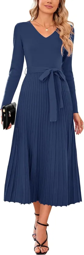 Arach&Cloz 2024 Fall Wool Blended Womens Long Sleeve V Neck Tie Waist Pleated A Line Ribbed Knit Pullover Midi Sweater Dress