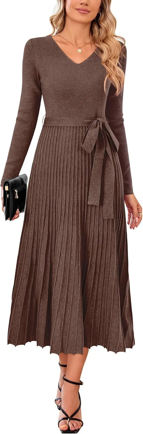 Arach&Cloz 2024 Fall Wool Blended Womens Long Sleeve V Neck Tie Waist Pleated A Line Ribbed Knit Pullover Midi Sweater Dress
