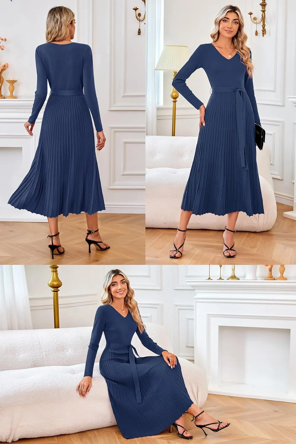 Arach&Cloz 2024 Fall Wool Blended Womens Long Sleeve V Neck Tie Waist Pleated A Line Ribbed Knit Pullover Midi Sweater Dress
