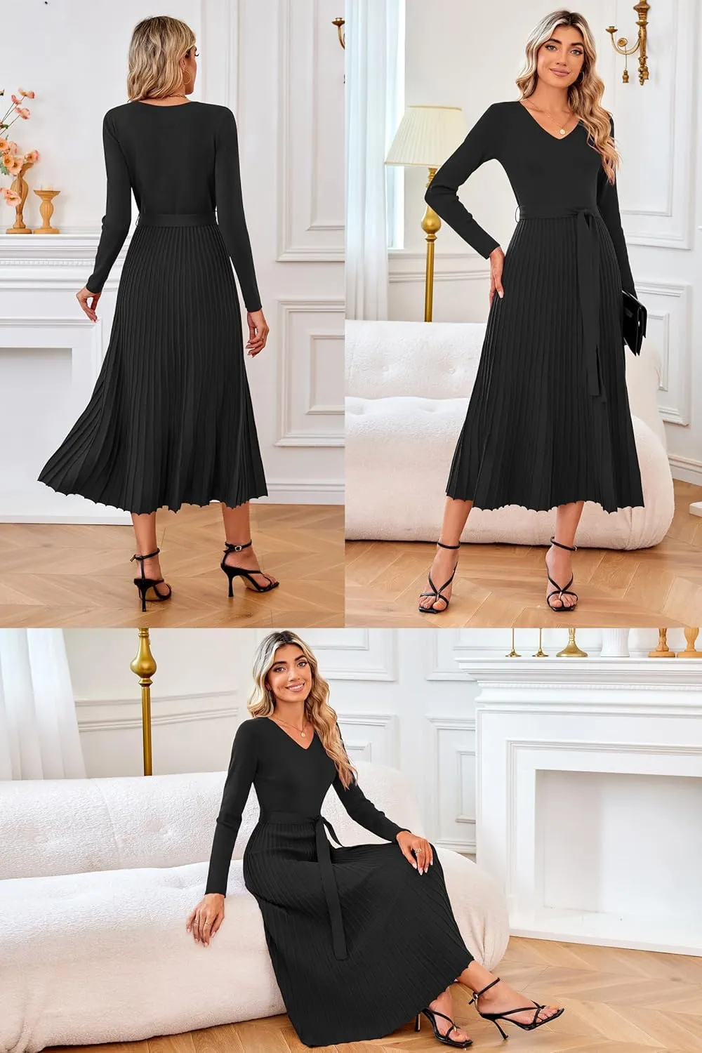 Arach&Cloz 2024 Fall Wool Blended Womens Long Sleeve V Neck Tie Waist Pleated A Line Ribbed Knit Pullover Midi Sweater Dress