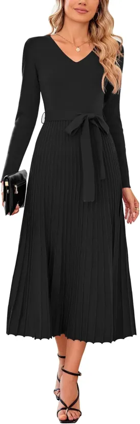 Arach&Cloz 2024 Fall Wool Blended Womens Long Sleeve V Neck Tie Waist Pleated A Line Ribbed Knit Pullover Midi Sweater Dress