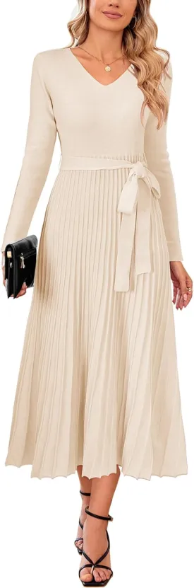 Arach&Cloz 2024 Fall Wool Blended Womens Long Sleeve V Neck Tie Waist Pleated A Line Ribbed Knit Pullover Midi Sweater Dress