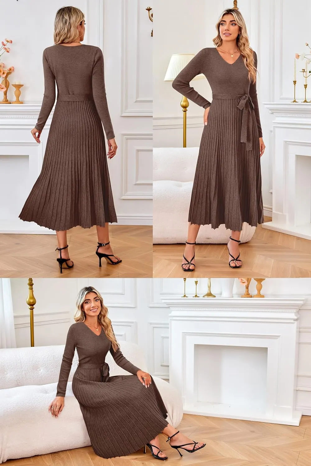 Arach&Cloz 2024 Fall Wool Blended Womens Long Sleeve V Neck Tie Waist Pleated A Line Ribbed Knit Pullover Midi Sweater Dress