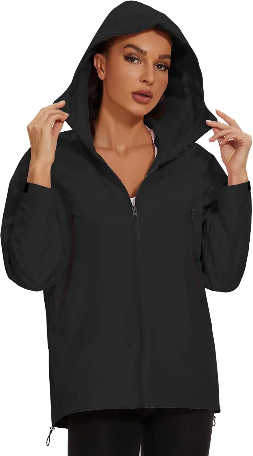 Avoogue Rain Jacket for Women Loose Fit Waterproof Lightweight Lined Rain Coat Hiking Windbreaker Jacket with Hood