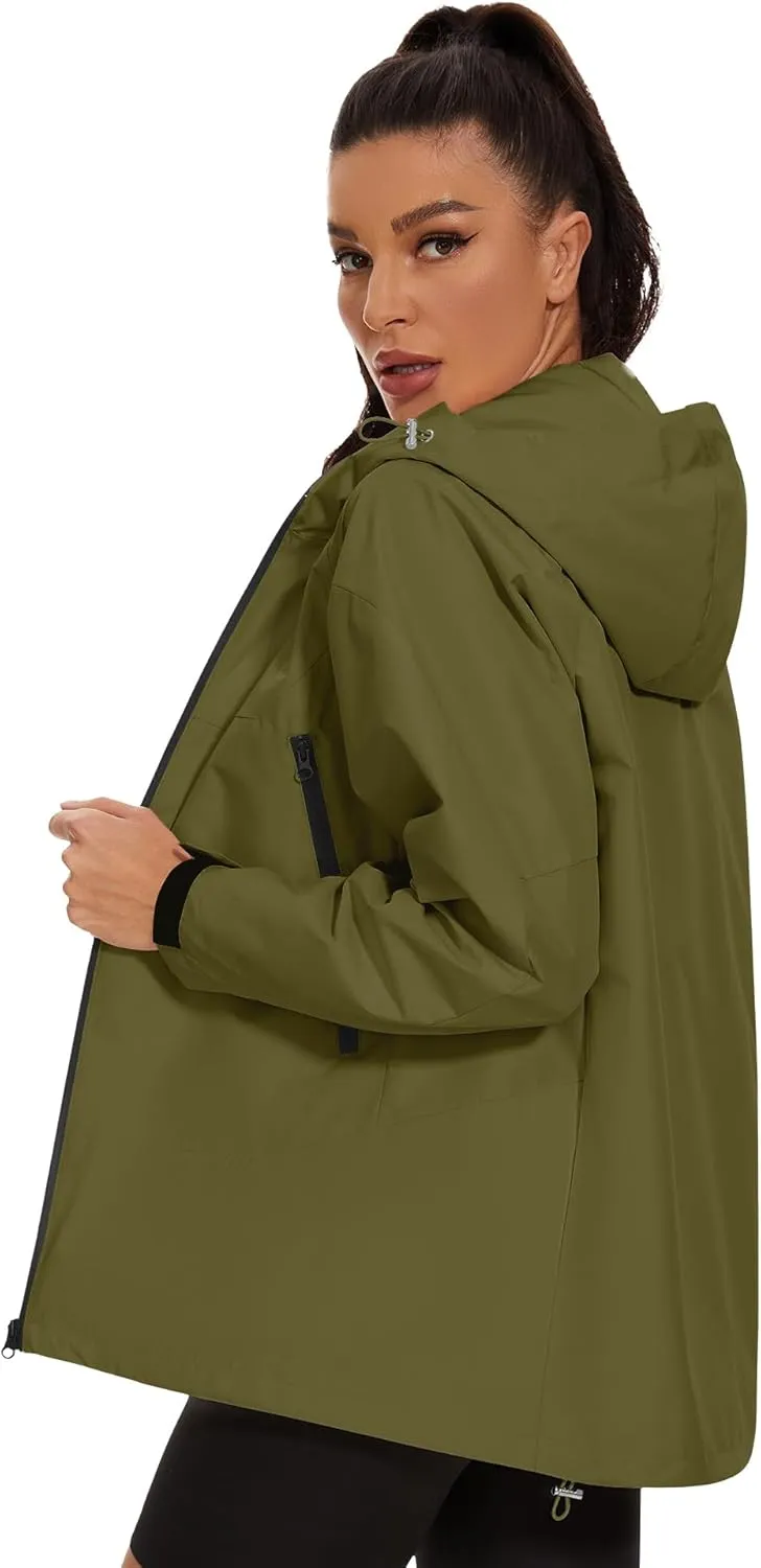 Avoogue Rain Jacket for Women Loose Fit Waterproof Lightweight Lined Rain Coat Hiking Windbreaker Jacket with Hood
