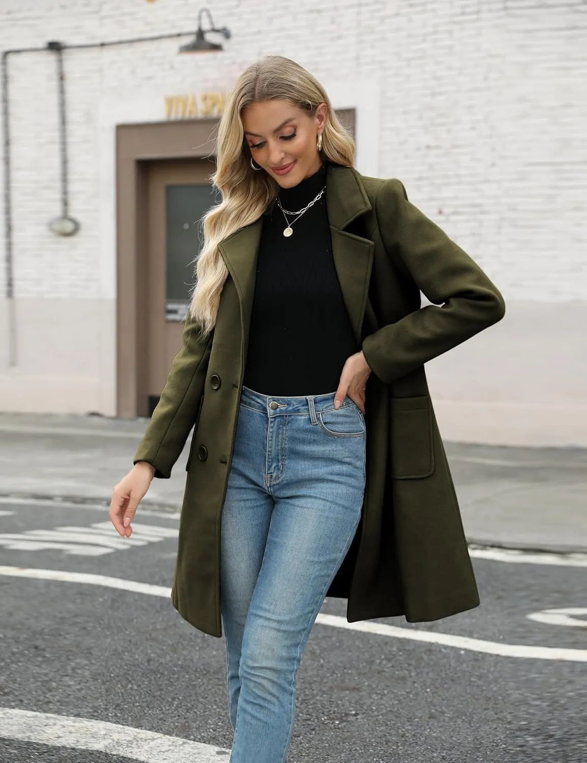 Bankeng Women Winter Wool Blend Camel Mid-Long Coat Notch Double-Breasted Lapel Jacket Outwear