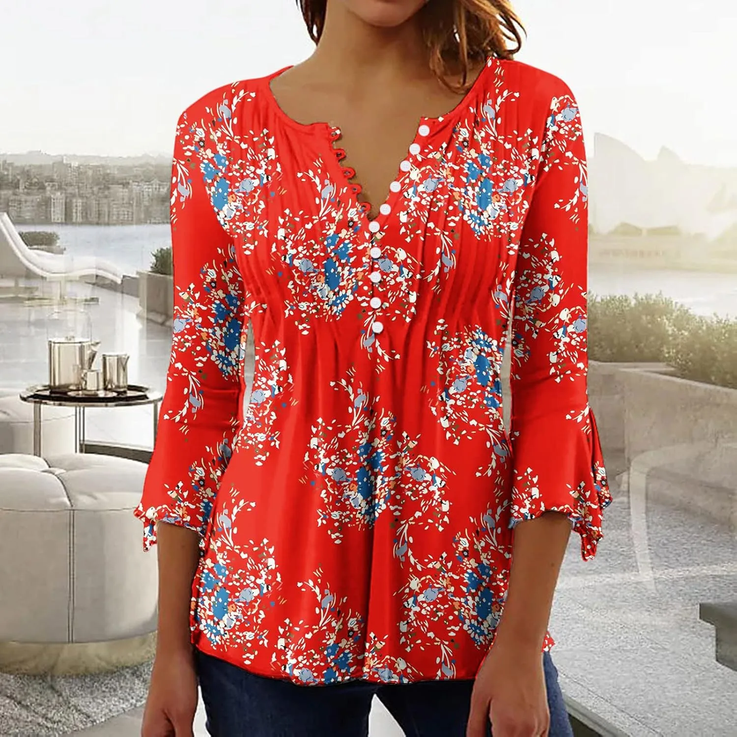 Bohemian Tops for Women Trendy 2023 Sexy Elegant t-Shirt Boho Floral Print 3/4 Bell Sleeve v Neck Shirts Blouse