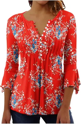 Bohemian Tops for Women Trendy 2023 Sexy Elegant t-Shirt Boho Floral Print 3/4 Bell Sleeve v Neck Shirts Blouse
