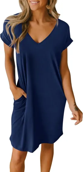 BTFBM Women V Neck Short Sleeve Summer Dresses Beach 2025 Spring Casual Loose Tunic Short T-Shirt Dress Pajamas Pockets