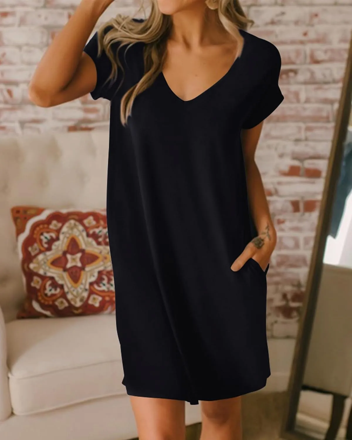 BTFBM Women V Neck Short Sleeve Summer Dresses Beach 2025 Spring Casual Loose Tunic Short T-Shirt Dress Pajamas Pockets